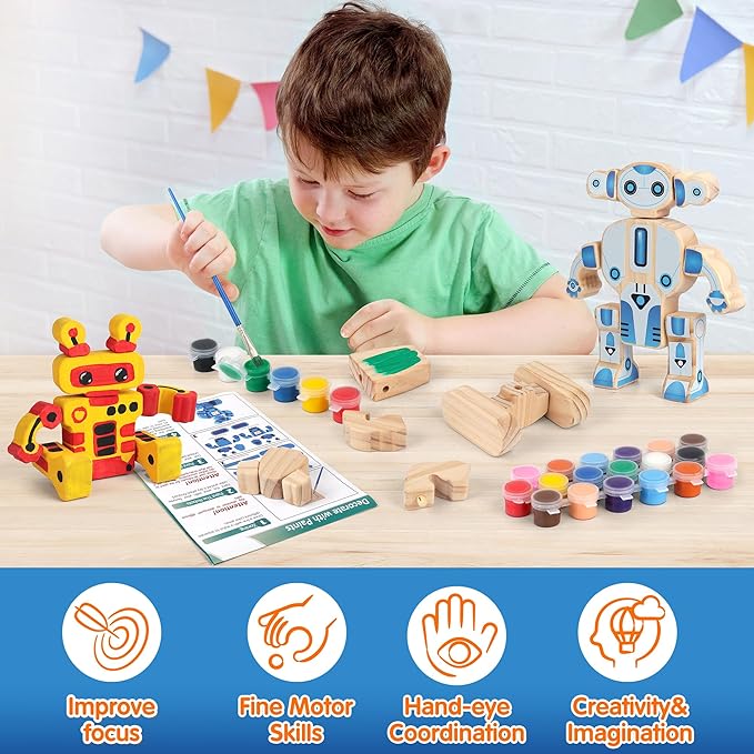 Mocoosy Wooden Robot Painting Art and Craft Kit for Kids Ages 3-5, Build & Decorate Your Own Robots with Paint & Stickers, Wood Robot STEM Game Montessoi Toys Educational Gift for Boys Girls