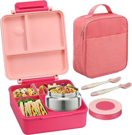 Itslife Bento Lunch Box for Kids with 8oz Soup Thermo&Lunch Bag, Leak-Proof Lunch Food Containers with 4 Compartment, Hot Food Insulated Food Jar for Kids School (Pink)