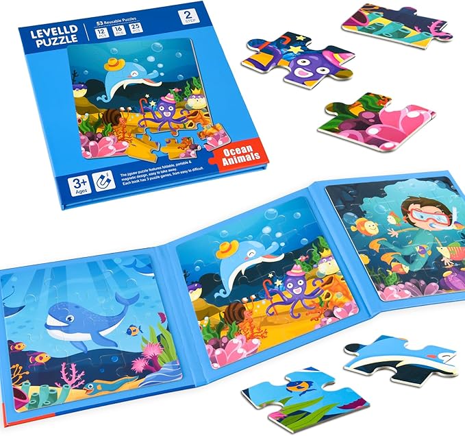 ASTARON Magnetic Puzzles for Toddlers, 12-16-25 Pieces Ocean Learning Magnet Puzzles for Road Trip, Educational Travel Toys Car Plane Activities for Kids, Kids Birthday Gifts