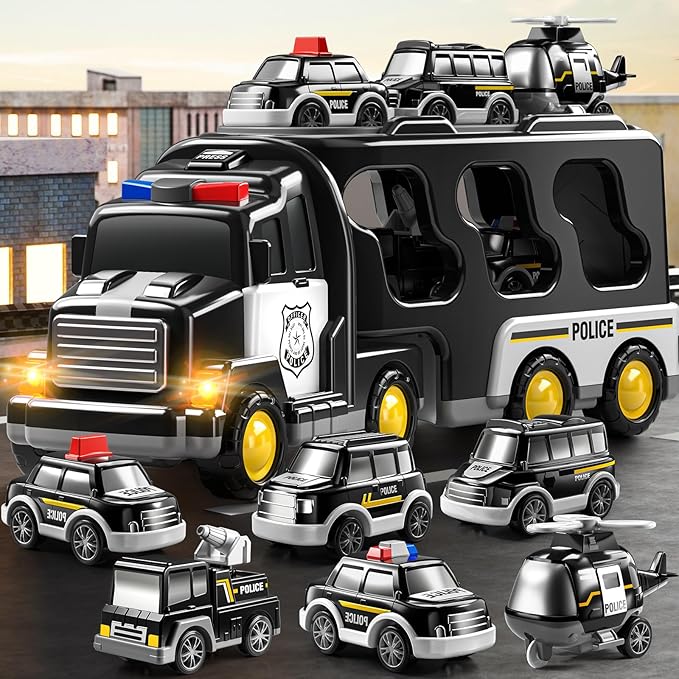 Police Truck Toy for 3-9 Years Old Boys & Girls - 7 in 1 Black Carrier Vehicle Set with 5 Toy Cars & 1 Helicopter, Friction Powered Car for Kids Age 1-3, Birthday Gifts for Toddlers 3-5