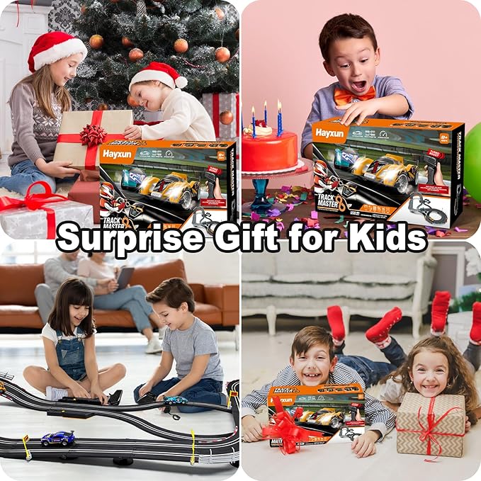 Electric Slot Car Race Track Sets - 1:43 Race Car Track Sets with 4 Slot Cars with Headlights, 2 Hand Controllers, Dual Racing Game Lap Counter, Birthday, Toys for Kids