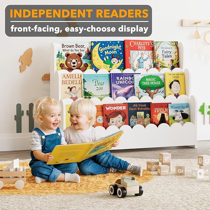 SpaceAid 3-Tier Scalloped Bookshelf, Montessori Bookcase for Toddlers, Wooden Book Shelf Organizer Display Furniture for Kids Rooms, Playroom, Nursery and Classroom, 36.7“ Wide, White