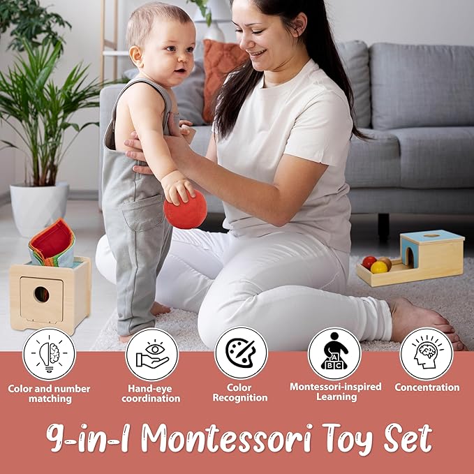 Pine Bunny Montessori Wooden 10-in-1 Toy Set for 7+ Months, Object Permanence Box, Egg and Cup, Tissue Box, Fabric Blocks, Scarf, Educational Learning Sensory Development Fine Motor Skills Baby Toys