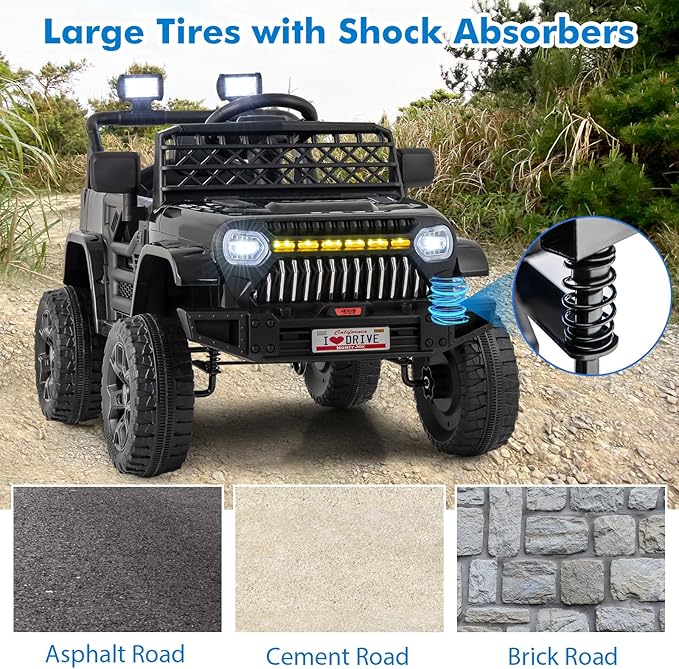 Costzon Kids Ride On Truck, 12V Battery Powered Electric Vehicles w/Remote Control, Spring Suspensions, 3 Speeds, Music, Lights, Wireless Connection, Ride on Car for Boys & Girls 3+ (Black)