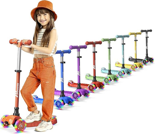 Lifemaster Mini 3-Wheel Kids Scooter with Multi-Color Wheel Lights – 4-Height Adjustable Handlebar, Wide Anti-Slip Deck, Child Safety Certified, Boys & Girls Ages 2+ Supports Up to 110 lbs