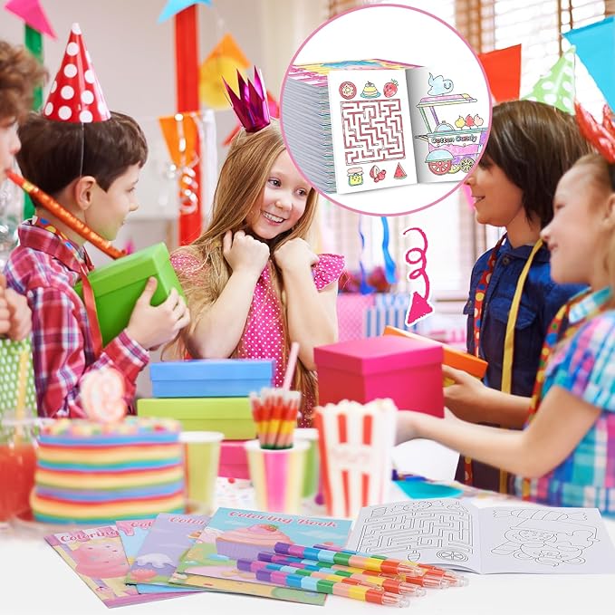BenLouis 12 Donut Candyland Mini Coloring Books Kids with 12 Stacking Crayons Ice Cream Party Favors Small Activity Books Bulk for Kids Sweet Treats Desserts Birthday Party Gift Goodie Bag Stuffers