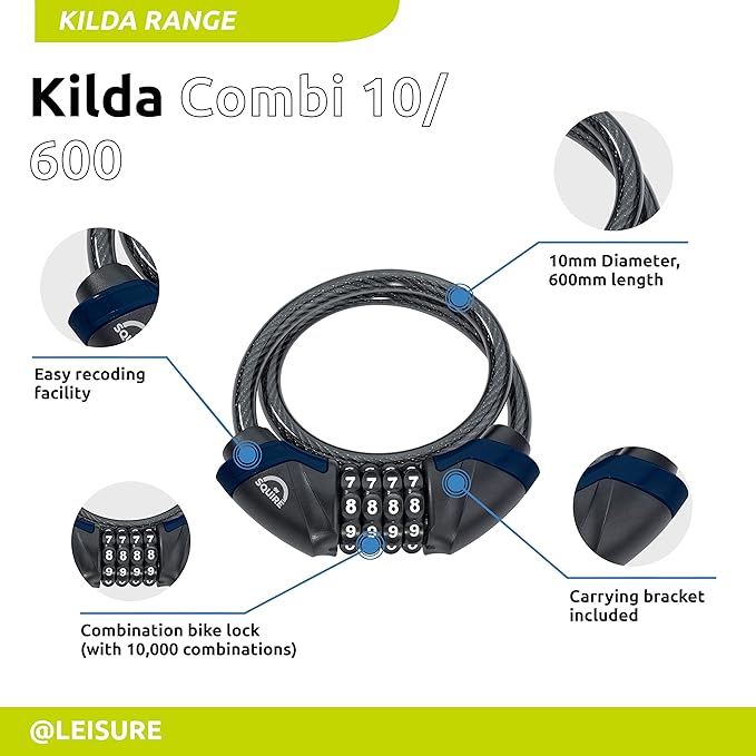 Squire Heavy Duty Bikelock (Kilda Combi) - 4 Wheel Combination Cable Lock - Weatherproof Armoured Steel Combination Bike Lock - Flexible, Tamper Proof Combination Lock All Purpose Use (600 mm)