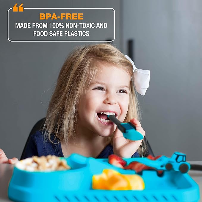 Dinneractive Dining Set for Kids - 3 Piece Construction Themed Toddler Utensils & Toddler Plates - Toddler Forks and Spoons - Kid Plate set