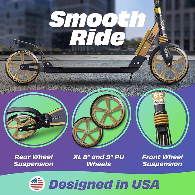 Skidee Adult & Teen Scooter Adjustable Height, Folding, Large Wheels, Lightweight, Durable, Anti-Shock Suspension, Up to 220 lbs