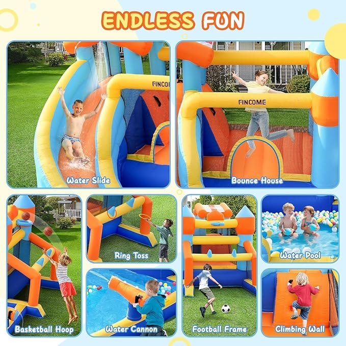 Bounce House, Inflatable Bounce House with Water Slide for Kids Indoor & Outdoor, Bouncy Castle with Football Frame, Water Cannon, Basketball Hoop & Ring Toss, Water Slides for Kids Backyard