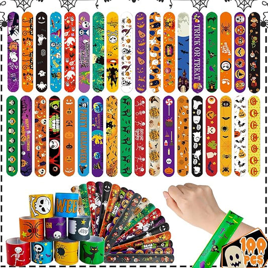 100Pcs Halloween Slap Bracelets, Halloween Party Favors Treat Toys for Kids Girls Boys, Slap Bracelets Bulk for Halloween Party Supplies, Halloween Treat Goodie Bags Gifts