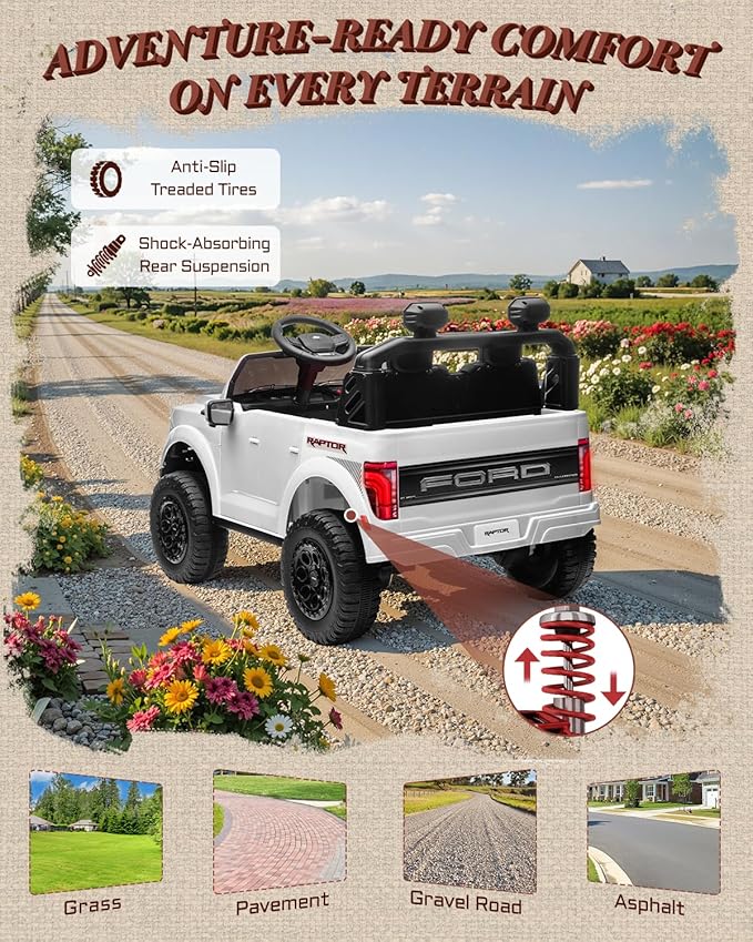 First Ride On 24V Kids Ride On Truck, Licensed Ford F-150 Raptor 2 Seater Electric Car w/Remote Control, Toddler Ride On Car Toys w/LED Lights, Bluetooth, Music, Truck Bed Storage, Soft Start (White)