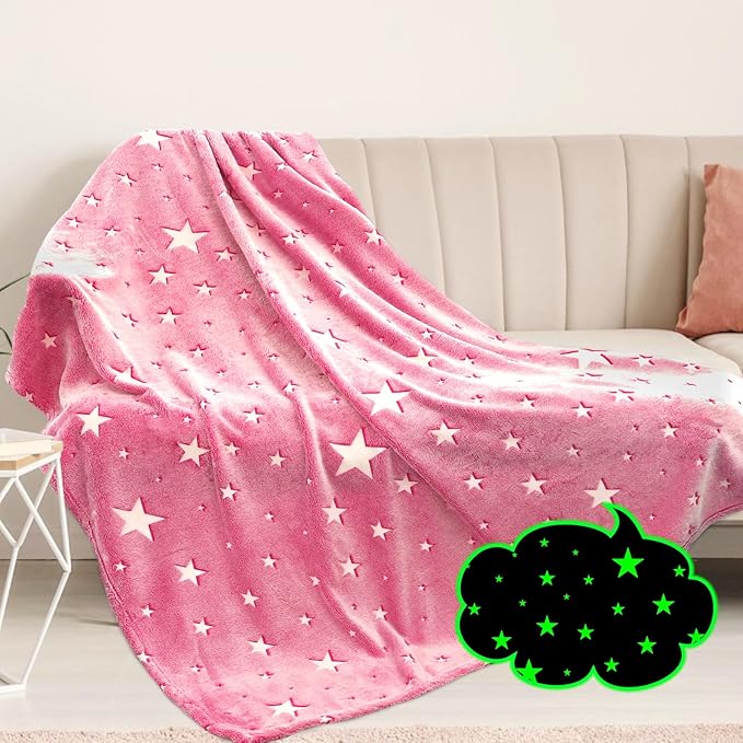 Preppy Blanket Glow in The Dark Blanket Girls Pink Star Blankets Fleece Blankets Birthday Gifts for Kids Soft Throw All Seasons