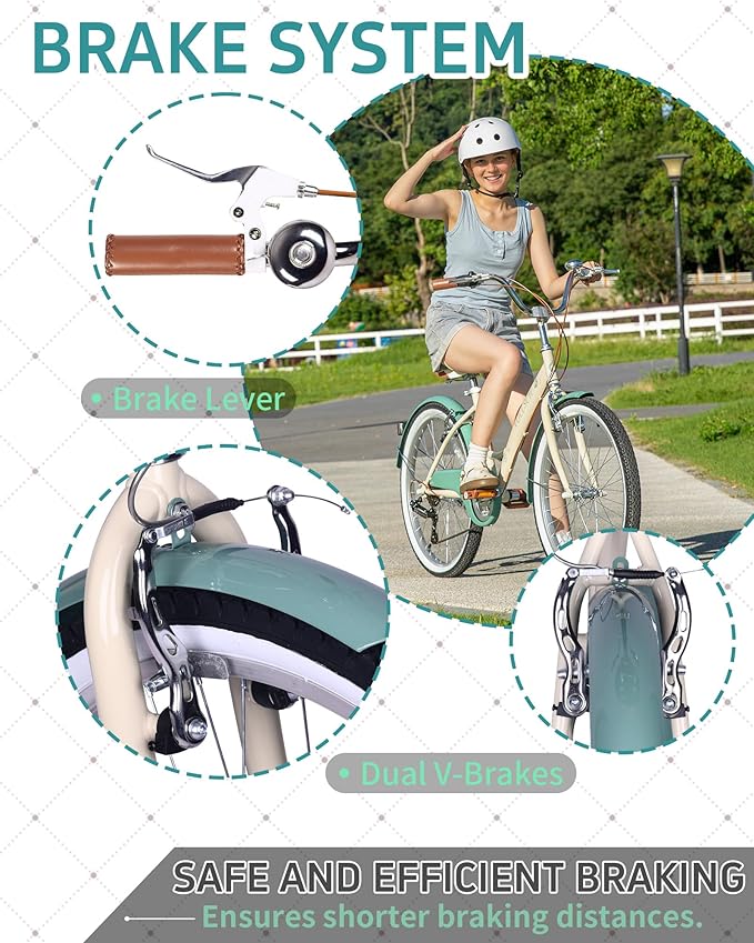 24 Inch 6-Speed Hybrid Beach Cruiser Bike for Girls Youth Ages Over 8 Years Old Kids Bicycle with Dual V-Brakes Adjustable Seat, Multiple Colors