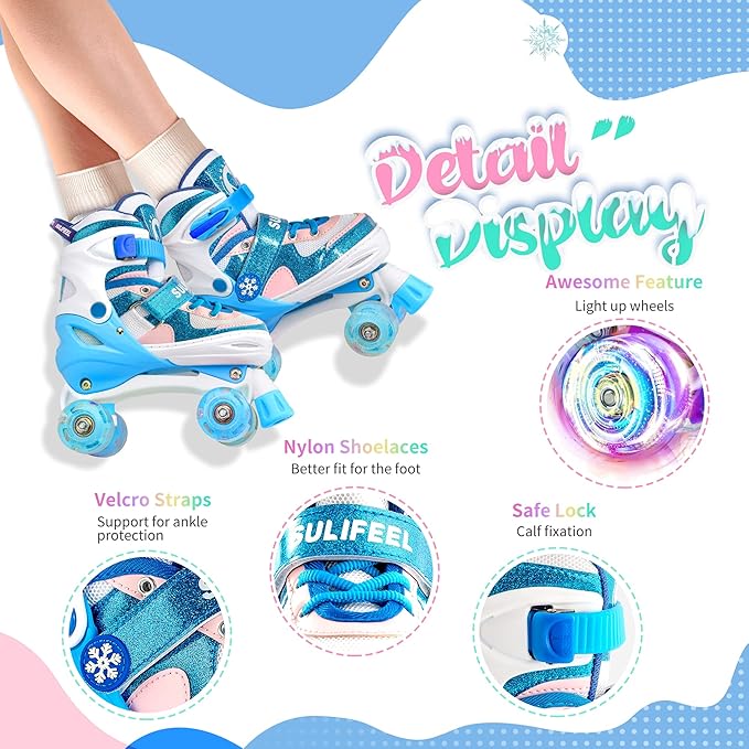 SULIFEEL Rainbow Unicorn 4 Size Adjustable Light up Roller Skates for Girls Boys for Kids