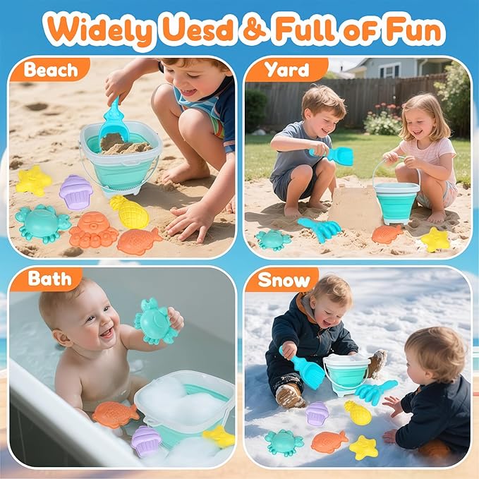 USATDD Beach Toys for Kids with Collapsible Bucket, Sand Molds Rake and Shovel, Collapsible Beach Bucket Travel Sand Toys for Toddlers Kids
