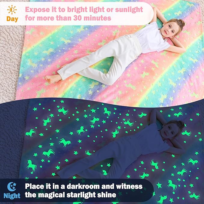 Softan Kids Unicorns Throw Blanket Glow in The Dark, Kids Blanket Gifts for Girls & Boys, Soft Cozy Flannel Luminous Unicorns Blanket for Sofa Couch Bed, Christmas Birthday Gift, 50x60IN