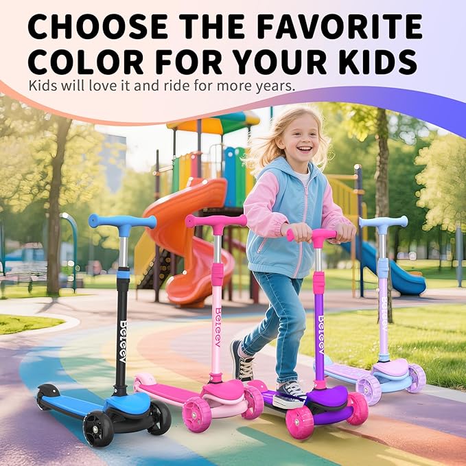 BELEEV A8 Scooter for Kids Ages 3-12, 3 Wheel Folding Scooter for Toddlers Girls Boys, LED Light-Up Wheels, 4 Adjustable Height, Lean to Steer, Extra Wide Wheels, Three Wheel Kick Scooter for Children