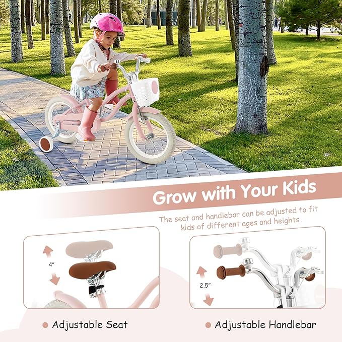 HONEY JOY Kids Bike, 12 14 16 18 20 Inch Toddler Bikes w/Training Wheels, Handbrake & Coaster Brake, Fully Enclosed Chain, Adjustable Handlebar & Seat, Kids Bicycle w/Basket, Girls Boys Bike 3-8