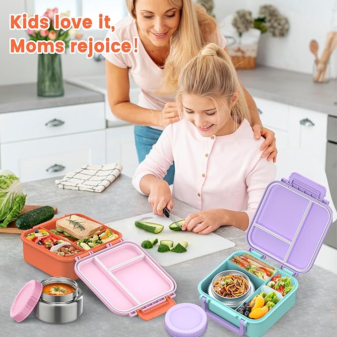 Bento Lunch Box for Kids with 9oz Thermo, Leak-proof Lunch Containers with 3 Compartments,Kids-friendly Size,Durable/Dishwasher Safe Lunch Box for School Outdoors-Purple-blue