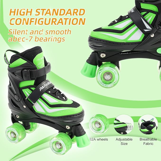 PAPAISON Kids Roller Skates for Boys Girls, 4 Size Adjustable Rollerskates with Light Up Wheels for Kids Ages 4-12