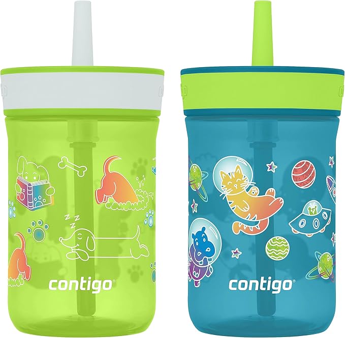 Contigo Kids’ Leighton Straw Tumbler with Spill-Proof Lid, 14 Oz., 2-Pack