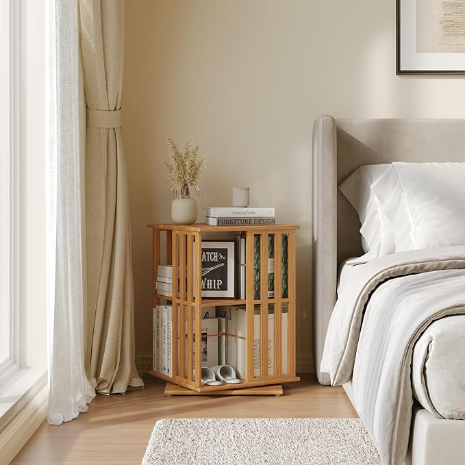 YOWOS Rotating Bookshelf Tower, 360 Display Spinning Bookcase, Bamboo Bookshelf Floor Standing Storage Rack, Wood Narrow Book Shelf Organizer for Kids&Adults (Nature, 2 Tier)