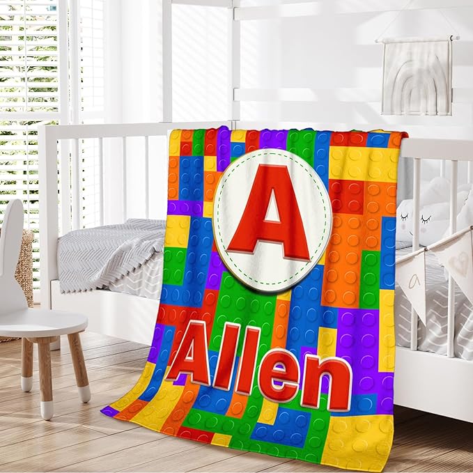 Boys Blankets, Personalized Building Blocks Blanket with Initial Monogram for Kids Toddlers, Funny Throws Blanket Gift, Soft Cozy Flannel Throw for Sofa Bed Couch Decor