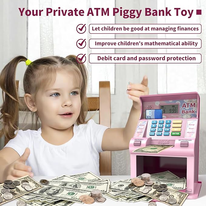 ATM Piggy Bank for Kids, Kids Bank for Real Money with Debit Card, Coin Recognition, Target Setting, Bill Feeder, Balance Calculator, Savings Machine Box, Gifts for Teen Boys Girls