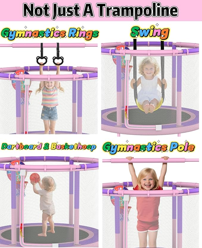 LANGXUN 60" Trampoline for Kids, 5ft Toddler Mini 6-in-1 Trampoline Indoor Outdoor with Swing, Basketball Hoop, Dart Board, Rings, Christmas Toys Birthday Gifts for Girls Boys