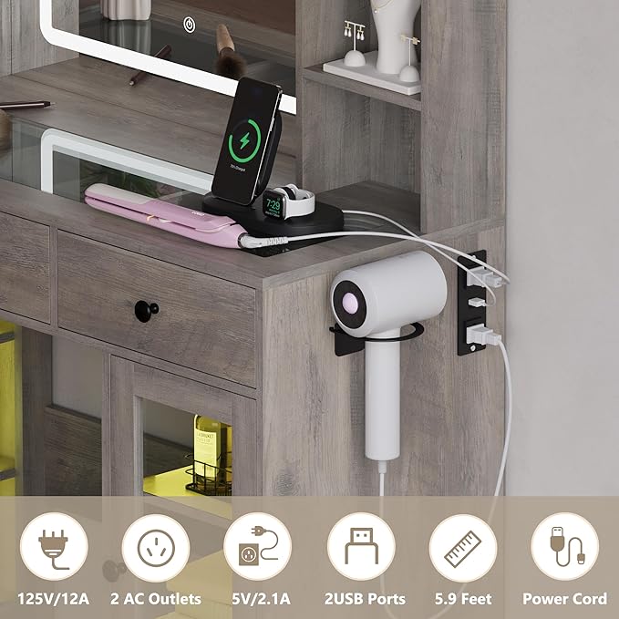 Vanity Desk with Mirror and Lights, White Makeup Vanity with Glass Top & Drawers, 3 Lighting Modes, Power Outlet, RGB Glass Cabinets, Modern Dressing Table for Girls, Women, Teens