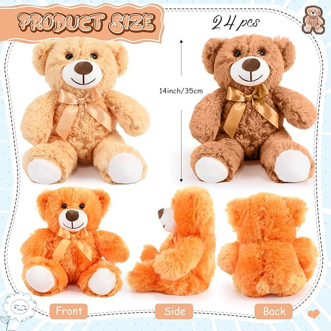 Liliful 24 Pcs 14 Inch Bear Stuffed Animals Plush Toys Bulks Soft Plush Gift for Boys Girls Birthday Baby Shower Favor Wedding Festival Party Decor (8 Colors)