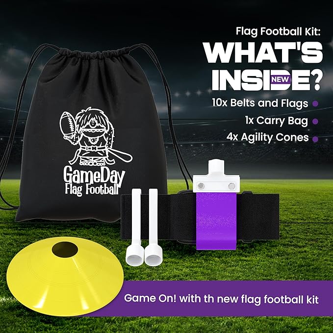Gameday Flag Football Set – Kits for 2–14 Players w/Belts, Agility Cones & Carry Bag – Available in Multi Colors & Sizes