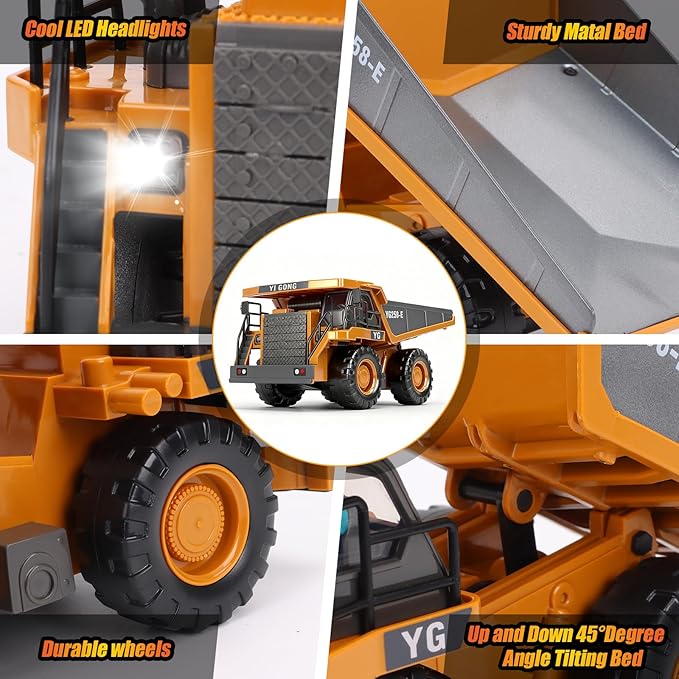 HuiJuKeJi Remote Control Dump Truck - 360° Rotating Metal Bed, 9-Channel RC Construction Toy for Indoor Outdoor Play, Rechargeable with Lights & Sounds, for Kids Ages 6+