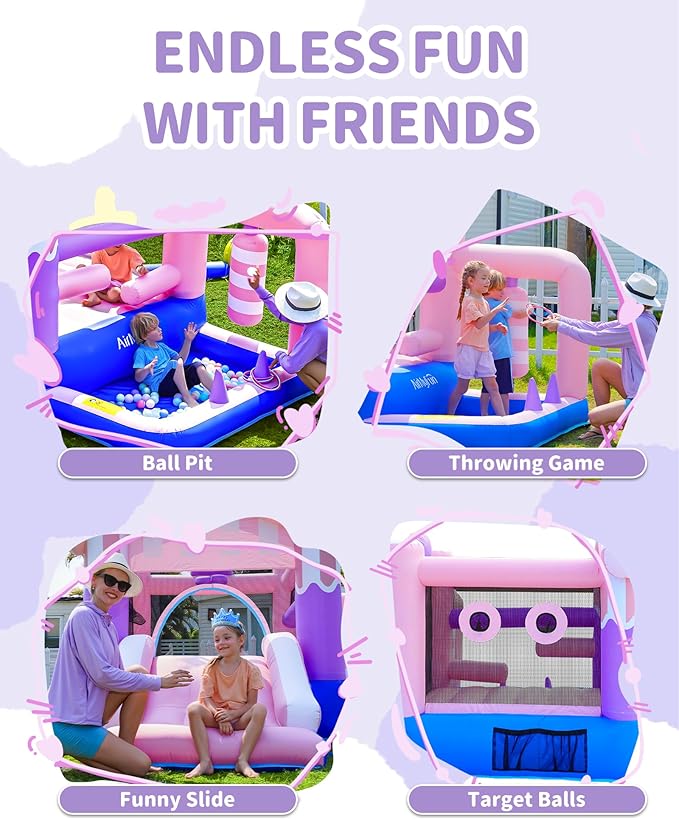 AirMyFun Pink Ice Cream Themed Inflatable Bounce House for Kids - Indoor/Outdoor Jumping Castle with Slide, Ball Pit, Wrecking Ball & Bounce Area, Durable Party Playground for Toddlers Boys Girls