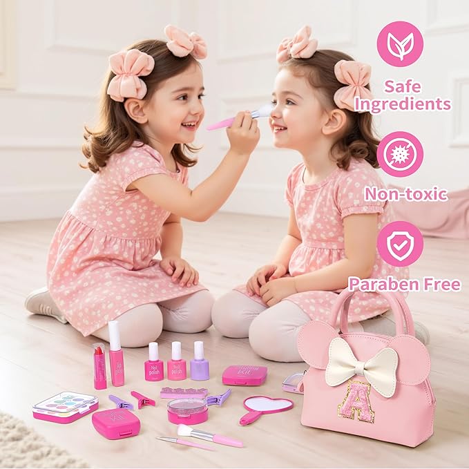Pretend Makeup Kit for Toddlers Kids- 21Pcs Make Up Toys with Initial Toddler Purse - Birthday Gifts for 3 4 5 Years Old Girls Vanity Set Christmas Birthday Gift Pink A