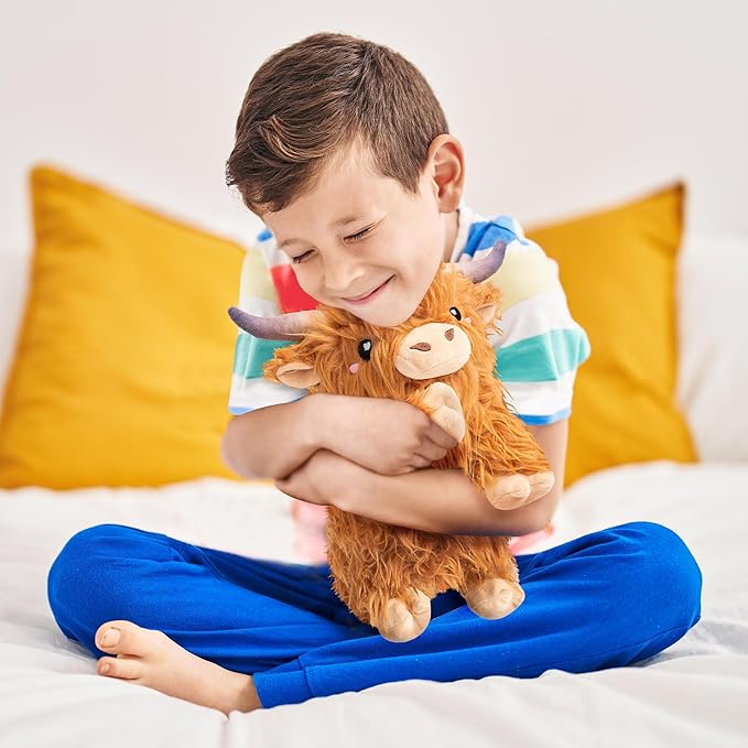 Happy Fuel Highland Cow Microwavable 1.5lbs Unscented Heating Pad for Women & Kids- Cute Soft Cozy Pillow Plush Heatable Warm Stuffed Animals- Kawaii Hot & Cold Plushie Toy- Cow Gifts for Girls & Boys