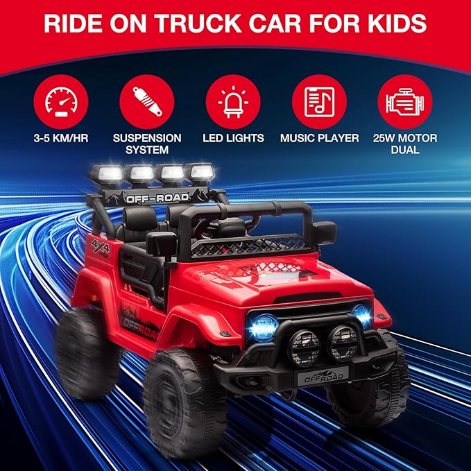 Ride On Truck Car 12V, Electric Vehicle w/Remote Control, 3 Speeds, LED Lights, Music, Spring Suspension, Ride on Car for Kids