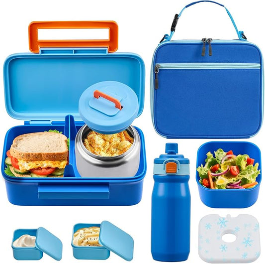 PIQUEBAR Kids Lunch Box with 8oz Thermo, Leakproof Bento Box with Insulated Bag, Kids Insulated Water Bottle, Food Lunch Container for Back to School Girls Boys, Blue