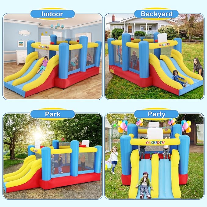 Big Bounce House for Kids 8-12 Girls/Boys Gifts, 15ft Ball Game Inflatables Bouncy House with Double Slide 3-12 Bouncy Castle with Blower, Jump House with Slide, Double Basketball Hoop
