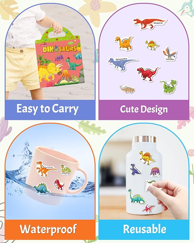 Benresive Reusable Sticker Book for Toddlers 2-4 Years, Fun Travel Stickers for Kids, Waterproof Sticker Books for Toddlers 1-3, Crafts Activities for Toddler 1-3 2-4 3-5 - Dinosaurs