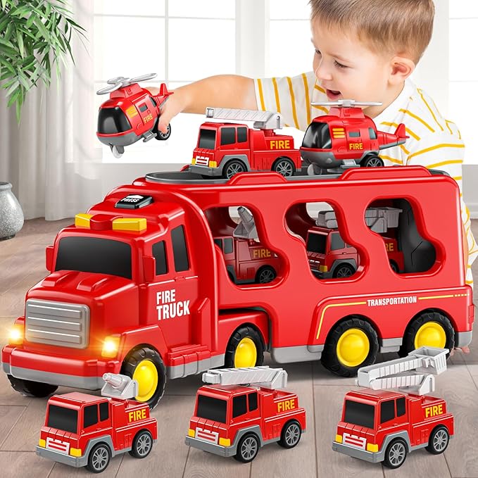 5 in 1 Fire Truck Cars for Toddlers 3-5, Boy Car Truck Toys with Light Sound, Birthday Gifts for 3 4 5 6 Year Old Boy