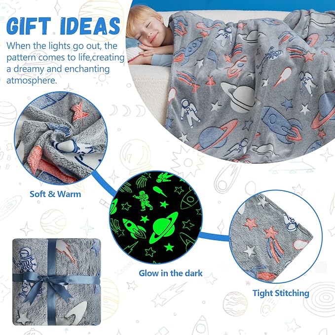 Glow in The Dark Blanket,Space Gifts Toys for Boys Girls, Astronaut Birthday Presents Decor for Kids Age 3-14 Year Old Son Teen Child Toddler Luminous Christmas Bedroom Throw Blanket 50"x60"