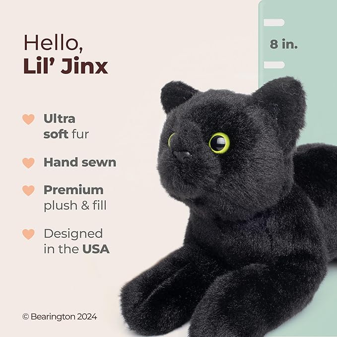 Bearington Collection Lil' Jinx Black Cat Plush Toy, 8-Inch Realistic Stuffed Animal for Kids