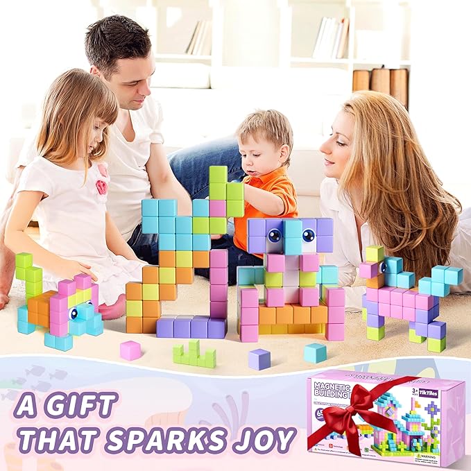 65PCS Magnetic Blocks with Magnet Eyes Toy, Magnetic Building Blocks with Storage Bag for Kids Gifts, STEM Preschool Sensory Magnetic Cubes for Toodlers Boys Girls Ages 3 4 5 6 7 8, Macaron Color