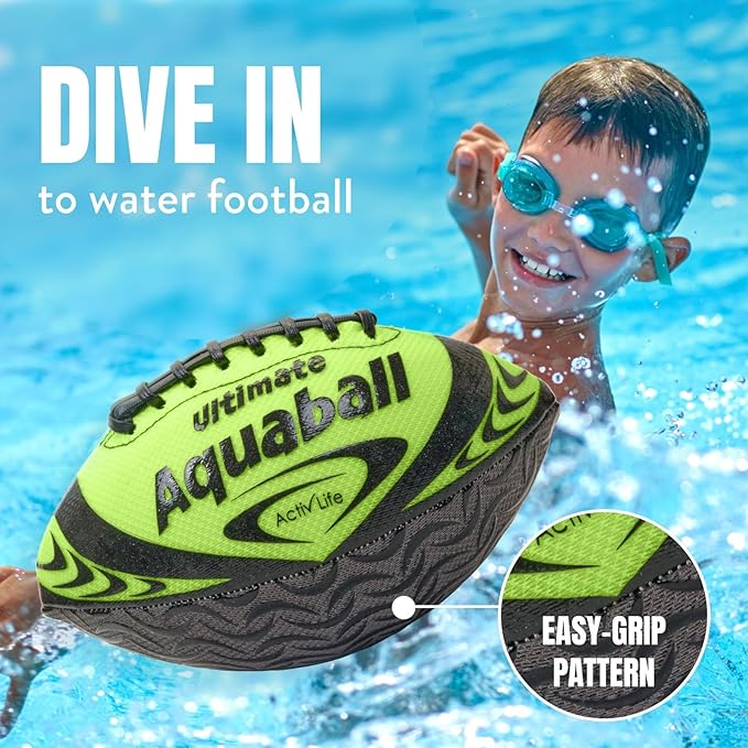 Activ Life Water Football for Pool, Beach, Outdoor, 9.5-inch Waterproof Pool Toys for Kids, Heavy-Duty Water Ball, Double Lacing for Easy Grip, Lake Toys for Sports & Family Games