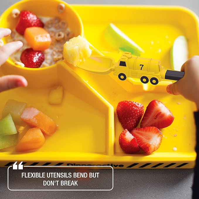 Dinneractive Dining Set For Kids - 3PC Yellow Firefighter Dinnerware - Fire Truck Utensils - Toddler Plates - Baby Dishes