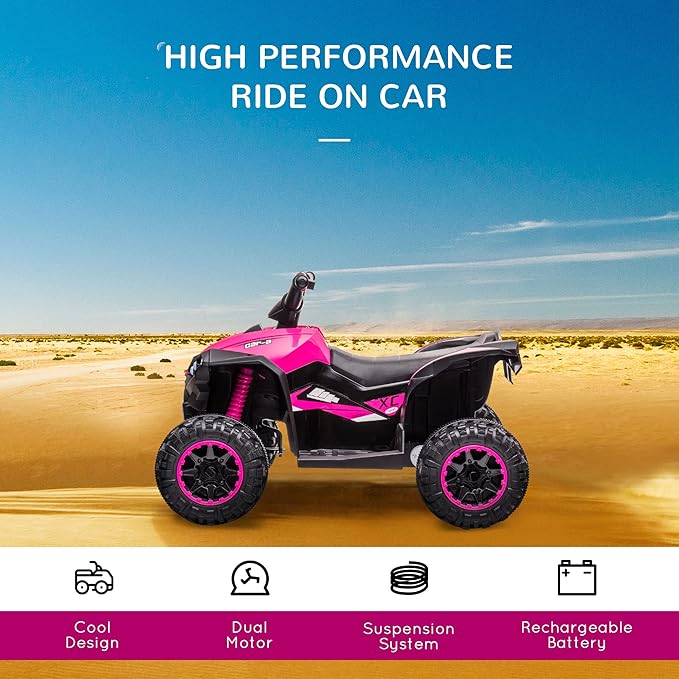Aosom 12V Kids ATV Quad Car with Forward & Backward Function, Four Wheeler for Kids with Wear-Resistant Wheels, Music, Electric Ride-on ATV for Toddlers Ages 3-5 Years Old, Pink