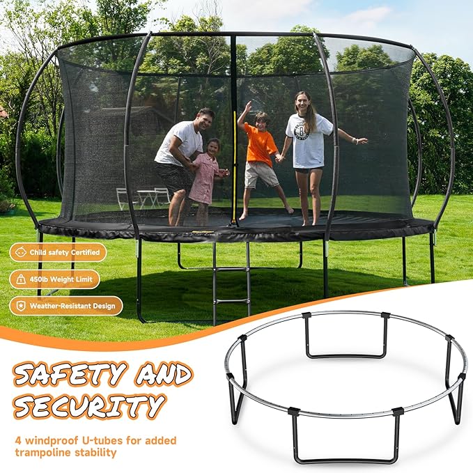 10FT 12FT 14FT 15FT 16FT Outdoor Trampoline with Enclosure Net, Heavy Duty Yard Trampolines, ASTM Approval Recreational Trampolines for Kids and Adults