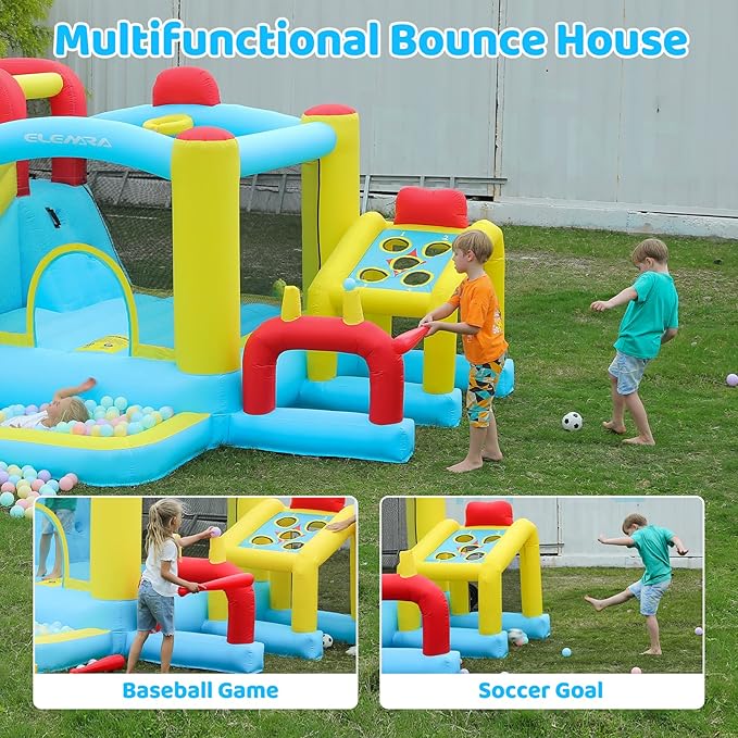 ELEMARA Inflatable Bounce House, 7 in 1 Kids Bounce House with Slide, Bouncy House with Blower, Jumping Area,Baseball/Soccer Area,Basketball Hoop,Climbing Wall, Jumping Castle for Indoor Outdoor